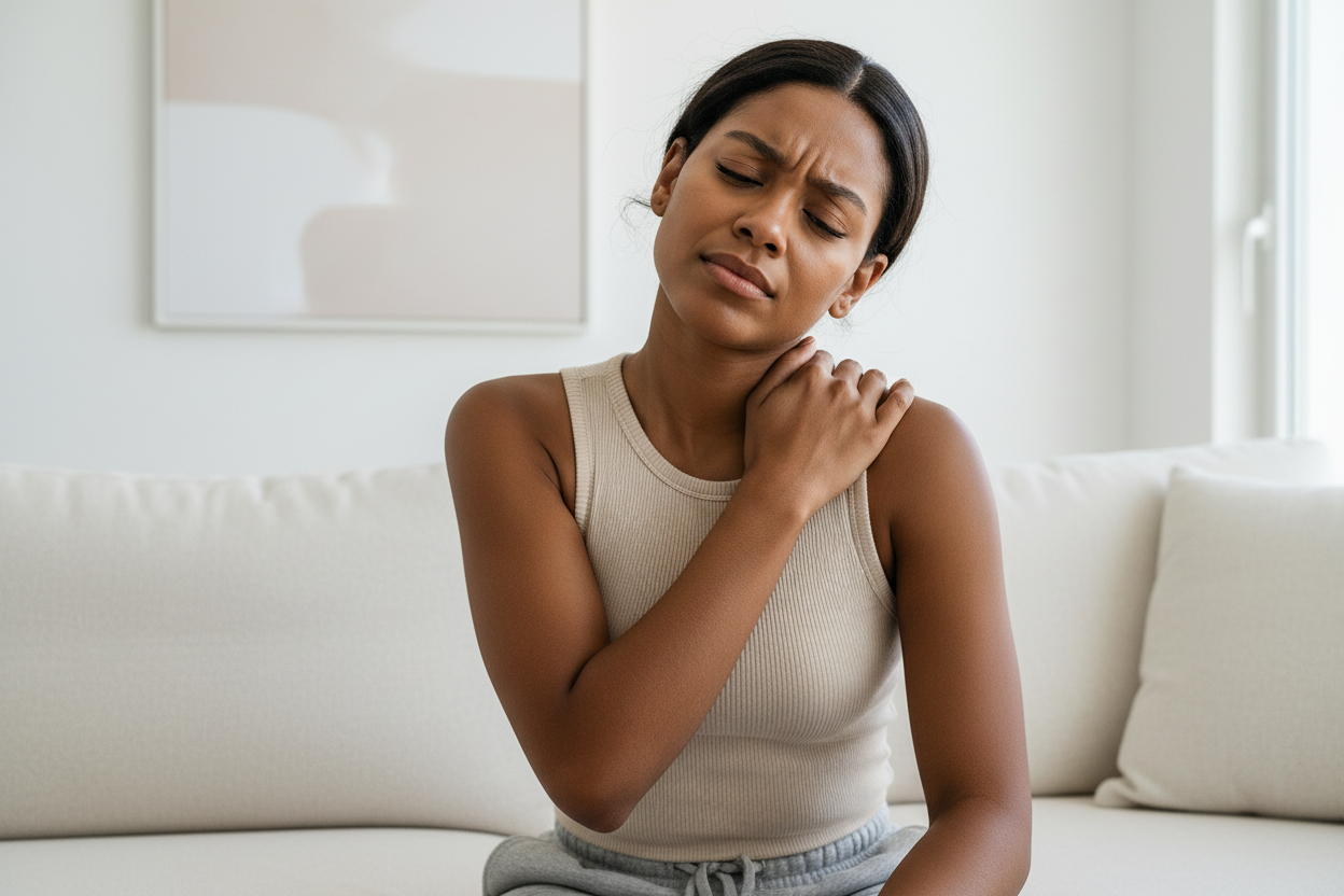 Belle femme métisse fatiguée avec douleurs cervicales - AVANT