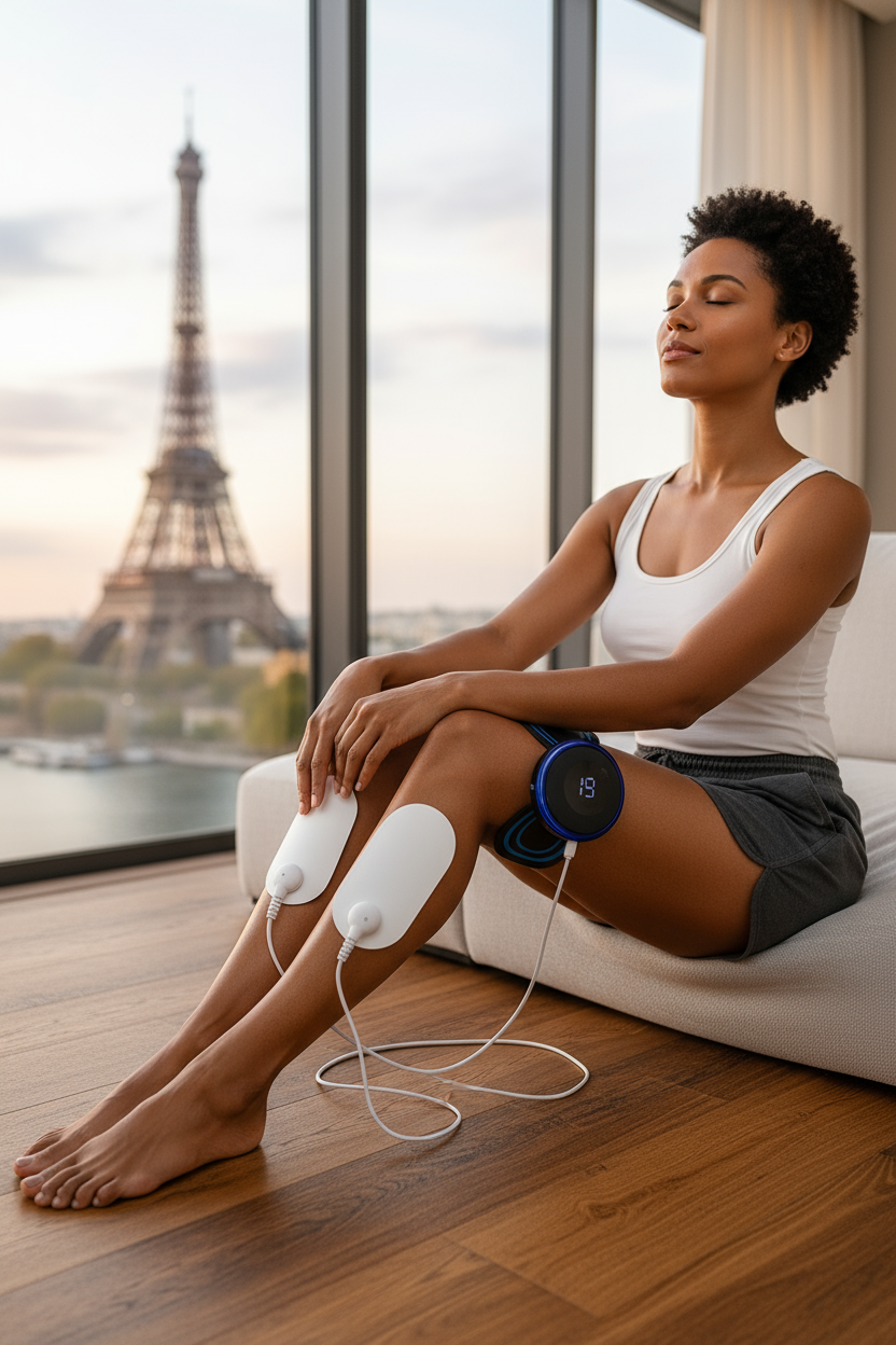 Femme métisse utilisant TheZen RelaxPro avec gel pads