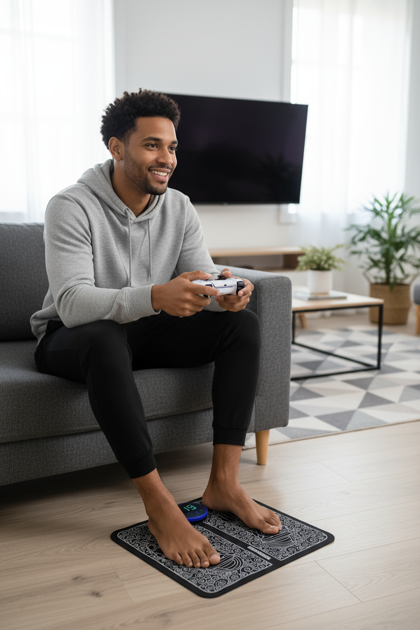 Homme jouant à la PS5 avec le tapis TheZenFoot VitalFoot