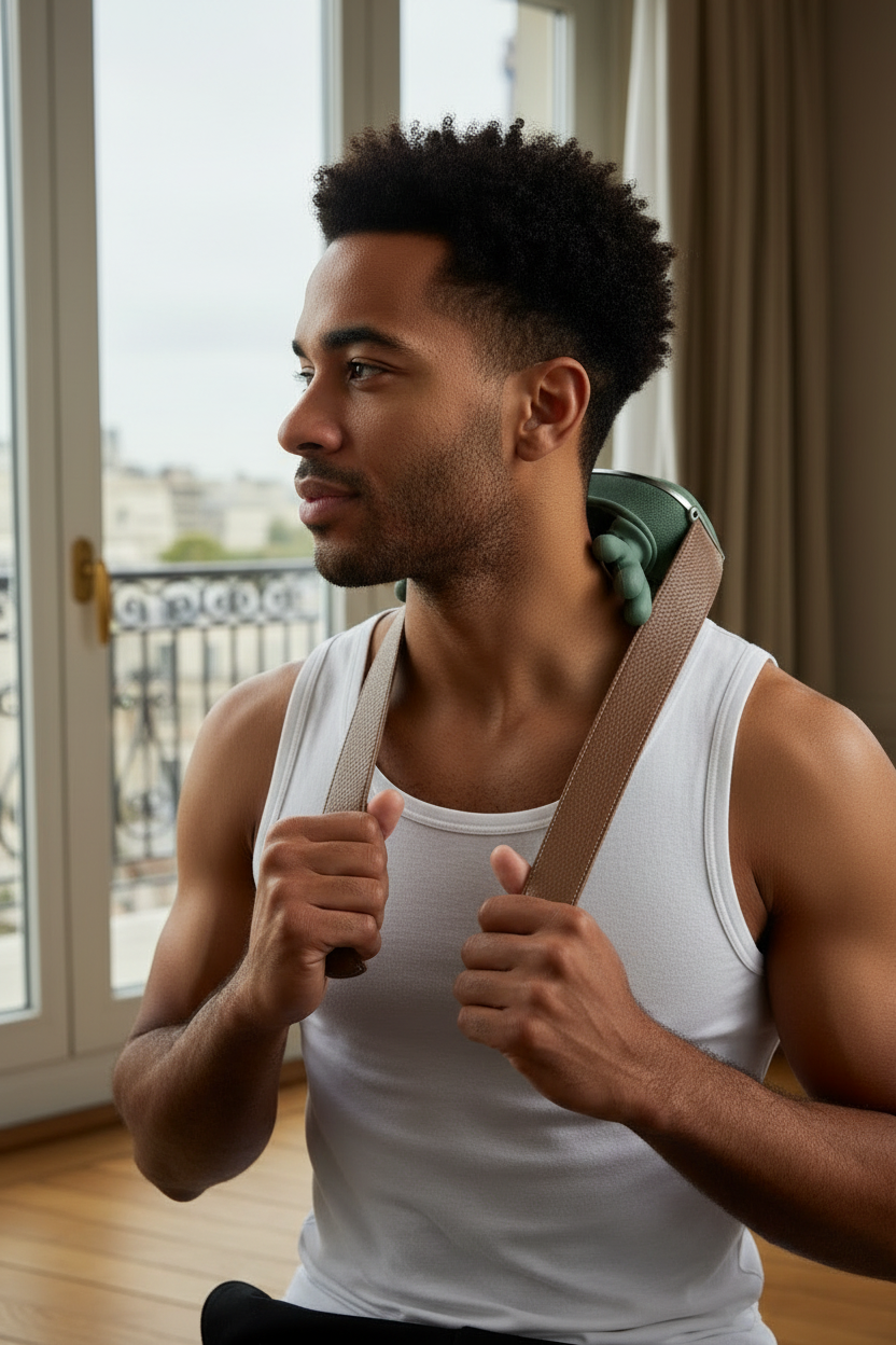 Homme métisse tenant masseur TheZenNeckPro ultra-réaliste