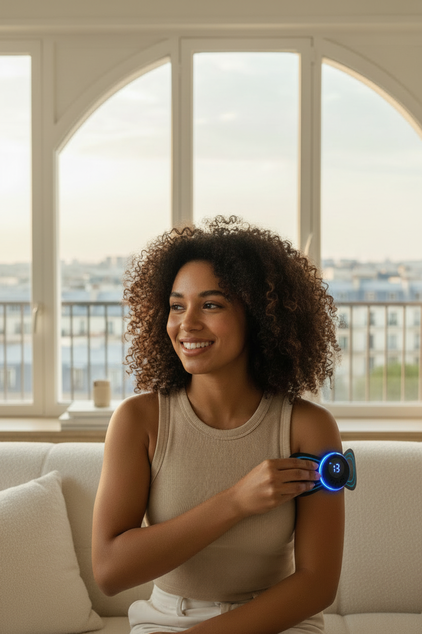 Jeune femme métisse avec masseur EMS visible dans appartement parisien