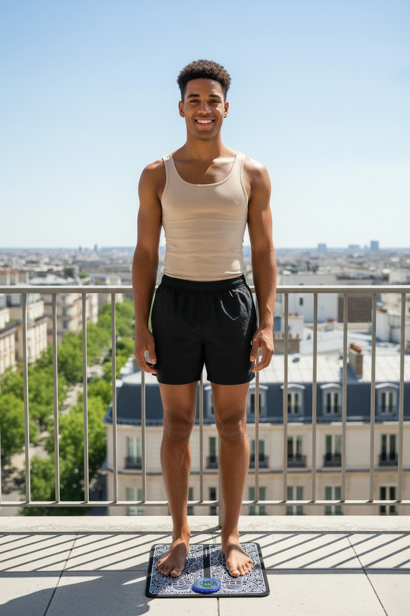 Jeune homme métisse sur tapis EMS balcon parisien